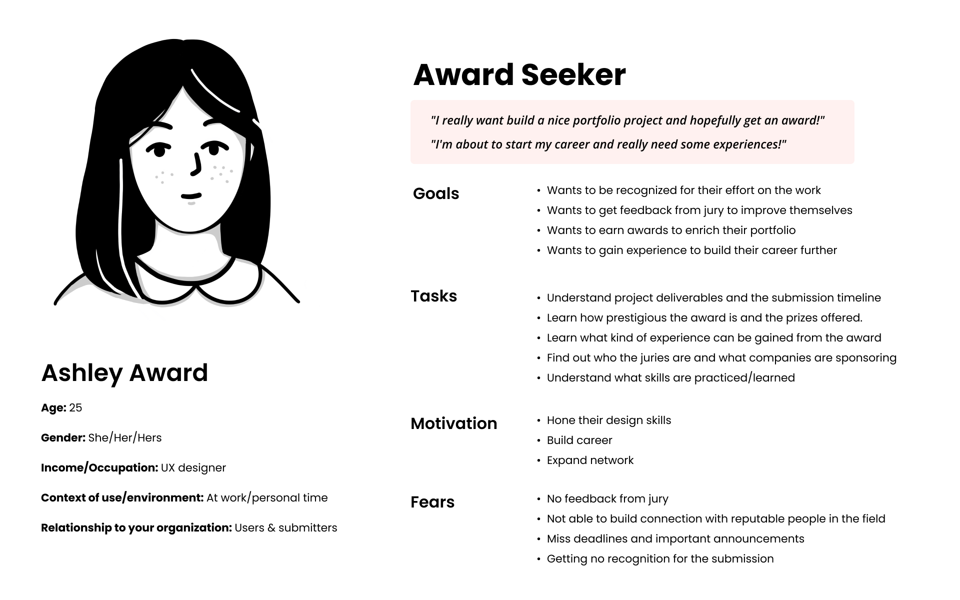 Persona profile of Ashley Award: wants to develop their portfolio and be recognized for their work