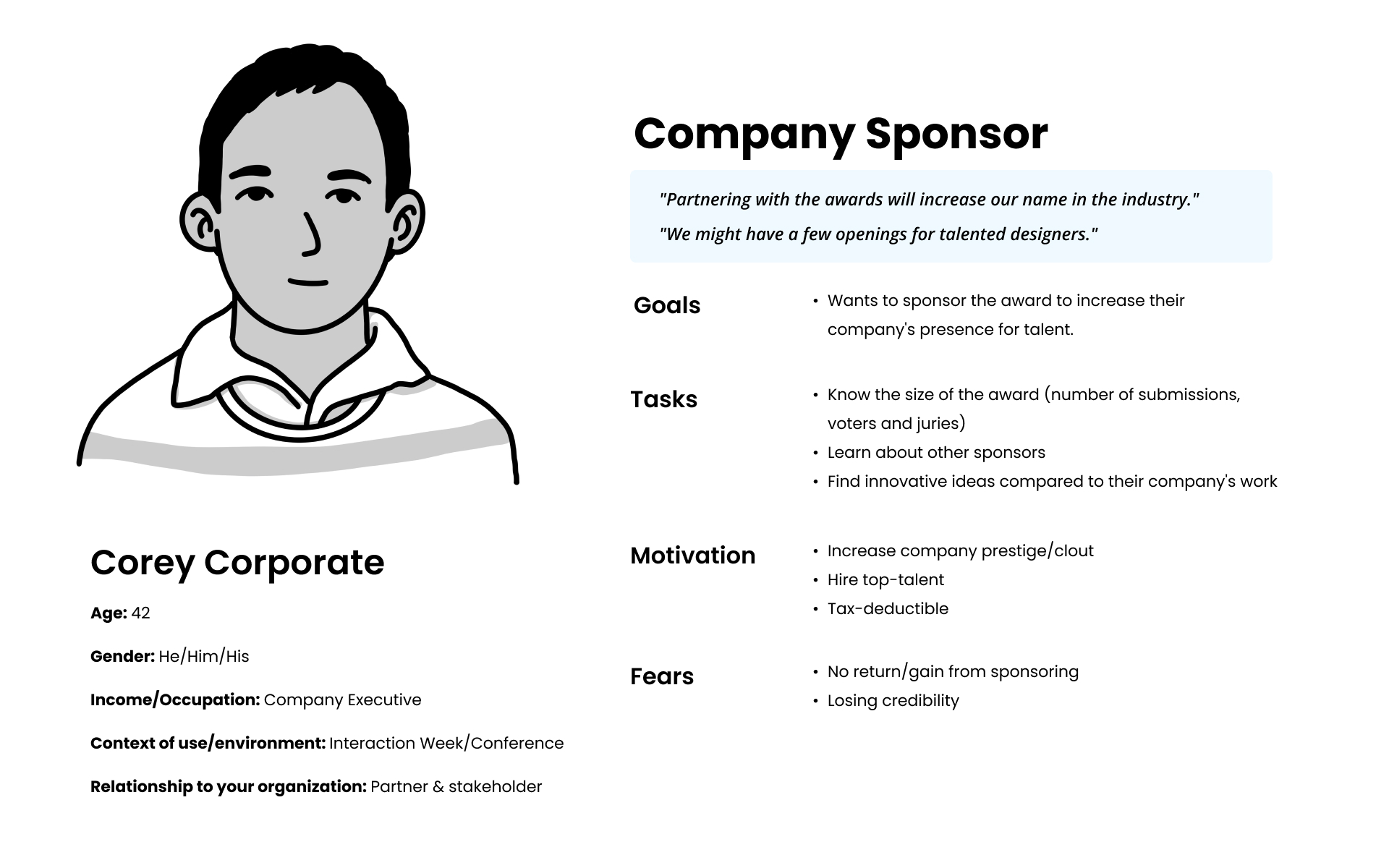 Persona profile of Corey Corporate: wants to sponsor to boost their company