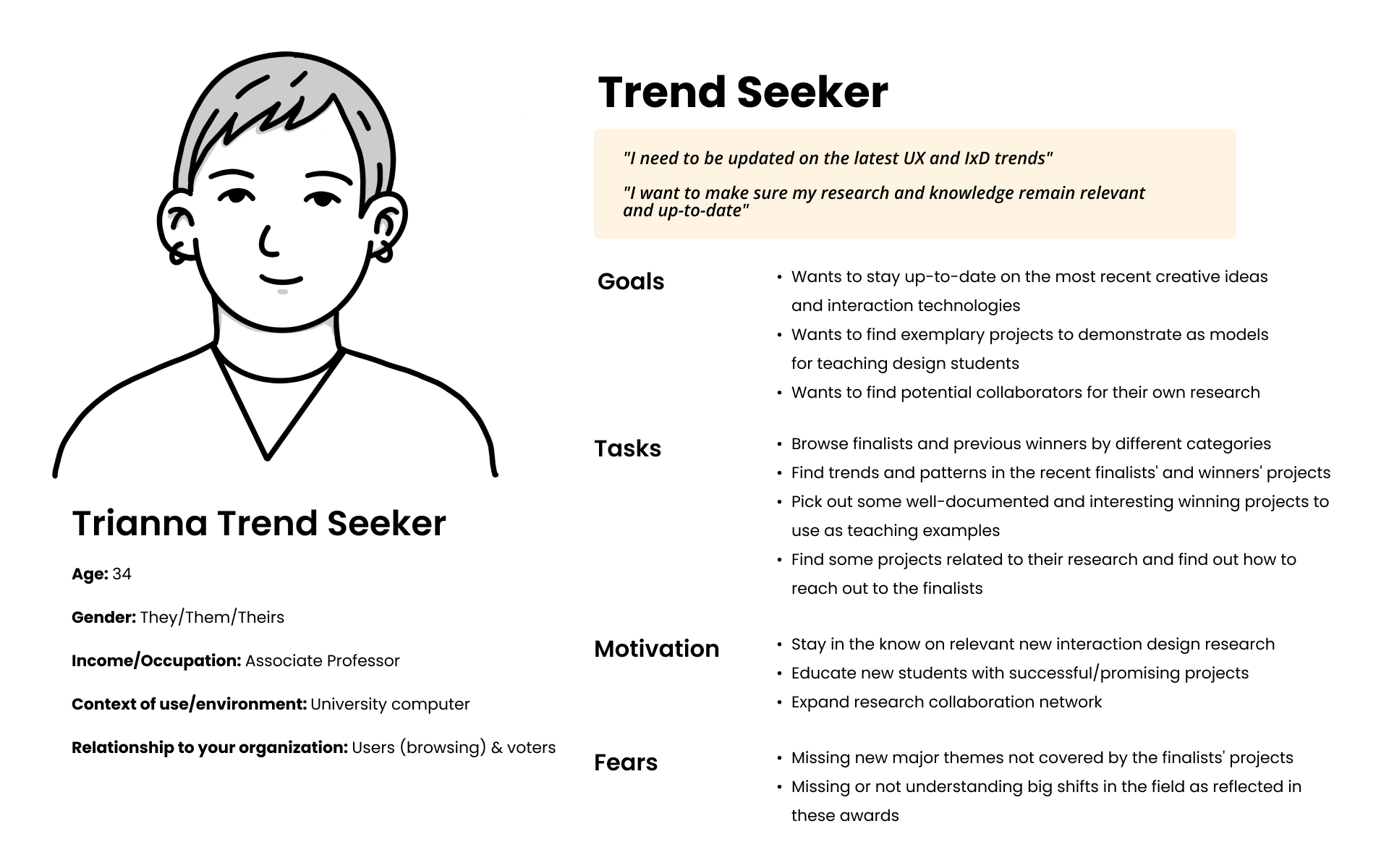 Persona profile of Trianna Trend Seeker: wants to stay in-the-know on creative ideas and interaction technologies